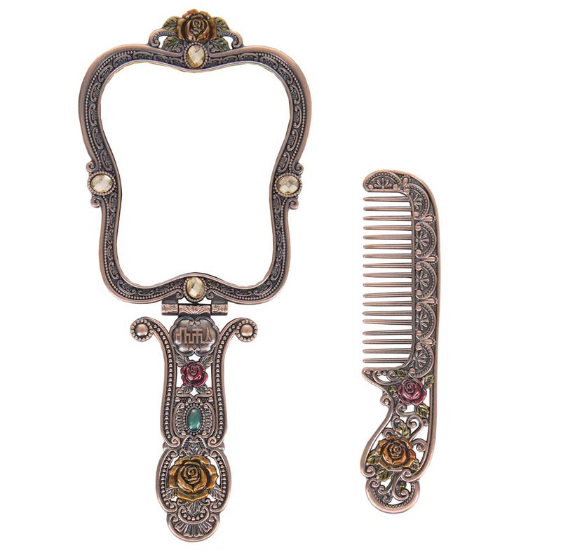 Nerien Antique Mirror Comb Set Vintage Metal Handheld Makeup Mirror with a Comb Russian Style Embossed Rose Hand Mirror Travel Portable Foldable Mirrors Decorative Tabletop Stand Mirrors Copper - Image 2